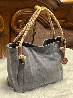 Michael Kors Denim-Style Rope in Light Blue with Gold Accents tote bag